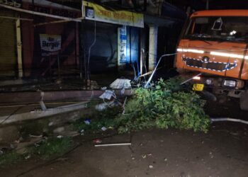 ट्रक के धक्के से बिजली का पोल टूटा !